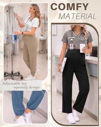 Locoowai 3 Pack Women's Maternity Jogger Scrub Pants with Pocket - color: Black, Haze Blue, Khaki, size: Large