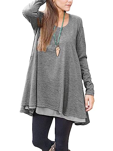 Poetsky Women's Long Sleeve Tunic Tops Layered Chiffon Hem Blouses Shirts - color: A-grey, size: Medium