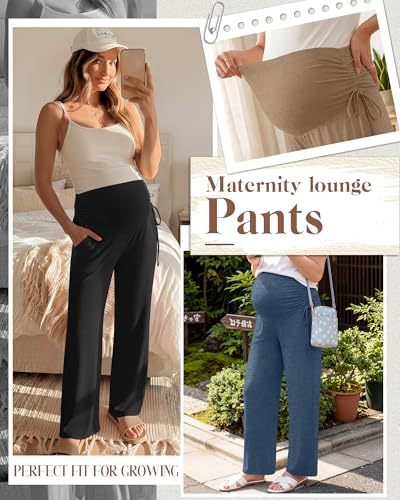 Neer 3 Pack Women's Maternity Lounge Wide Leg Pants - color: Haze Blue, Light Coffee, Black, size: Medium