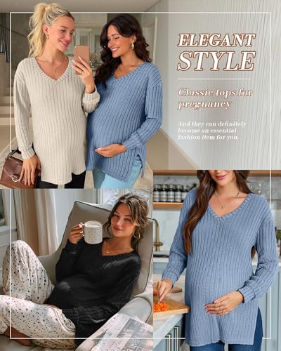 3 Pack Women Ribbed Maternity Sweaters Winter Clothes - color: Blue, Apricot, Black, size: Medium