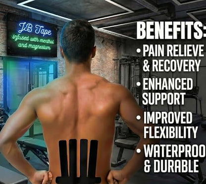 Magnesium & Menthol Kinesiology Tape – 2 Rolls Precut with Dispenser – Black