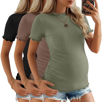 3 Pack Women's Ribbed Maternity Tops - color: Gray Green, Coffee, Black, size: Small