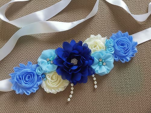 Maternity sash handmade flower sash for baby shower - color: Royal Blue