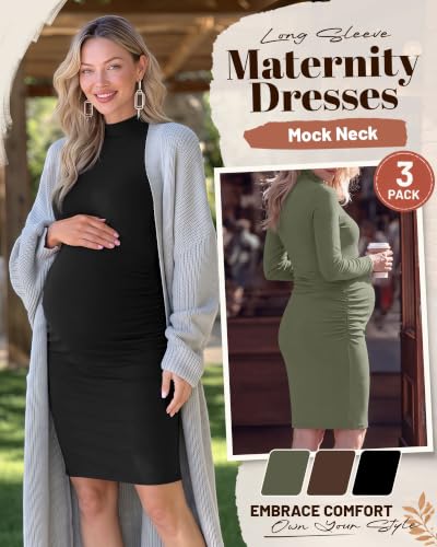 3 Pack Women's Maternity Dresses Long Sleeve Dresses - color: Black, Coffee, Army Green, size: Large