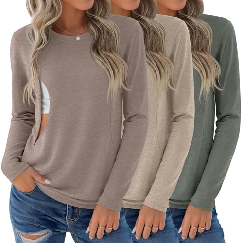 3 Pack Women's Nursing Tops Breastfeeding Shirts Fall - color: Coffee, Light Camel, Gray Green, size: Small