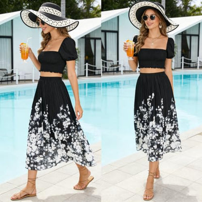 OBBUE Women's Chiffon Pleated Skirt A-line Skirts - color: Black White Flower, size: Large