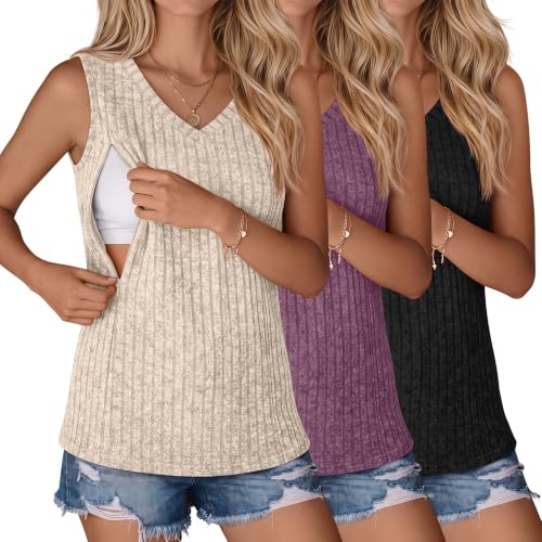 3 Pack Women's Nursing Tank Tops - color: Black, Fuchsia, Apricot, size: X-Large
