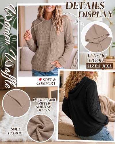 Ficerd 2 Pack Women's Nursing Waffle Hoodies Breastfeeding Tops - color: Coffee, Black, size: Small
