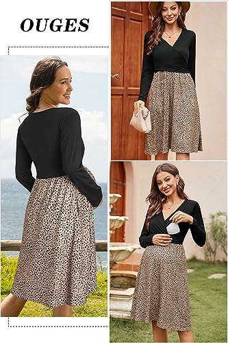 OUGES Women's Nursing Breastfeeding Pocket Fall Baby Shower Maternity Dress - color: Black Khaki Floral Leopard, size: XX-Large