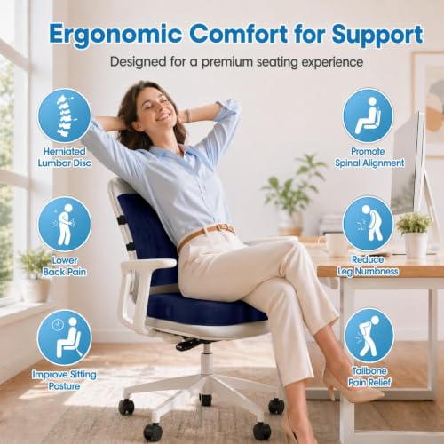 CloudBliss Ergonomic Seat Cushion & Lumbar Support Pillow Set, Blue, XL - color: Blue, size: X-Large