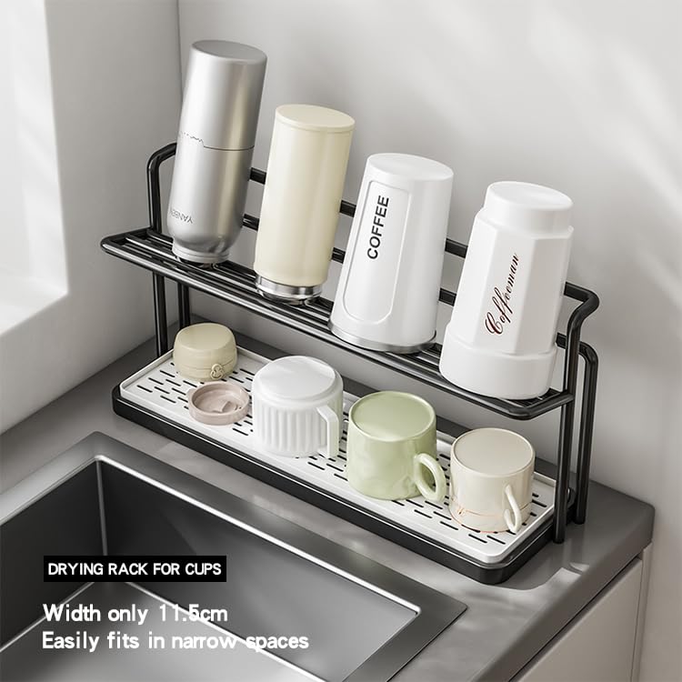 2-Tier Space-Saving Drain Rack with Removable Tray - color: Black