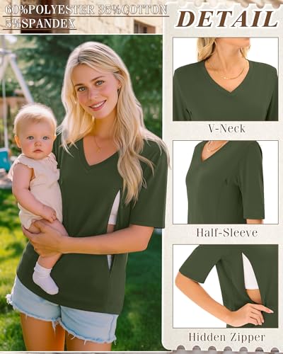 Neer 3 Pack Women's Nursing Shirts Breastfeeding Tops - color: Army Green, Gray, Black, size: Medium
