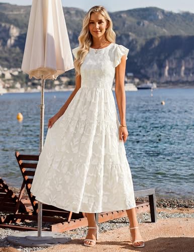 ZESICA Women's Summer Floral Boho Smocked Flowy Maxi Dress - color: White, size: Medium