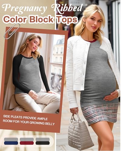 Neer 3 Pack Maternity Long Sleeve Shirts Ribbed Pregnancy Tops - color: Black, Navy Blue, Wine Red, size: Small