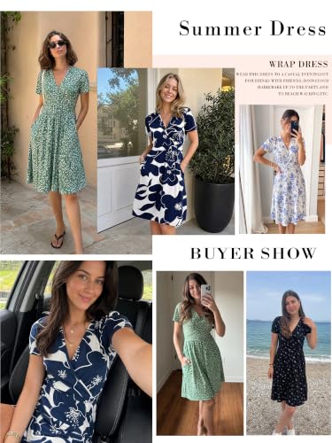 Womens Summer Floral Faux Wrap A-Line Dress with Pockets - color: Black, size: X-Small