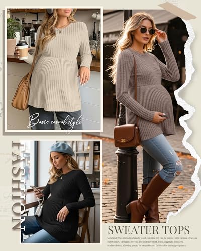 3 Pack Maternity Shirts Long Sleeve Ribbed Sweaters - color: Coffee, Apricot, Black, size: XX-Large