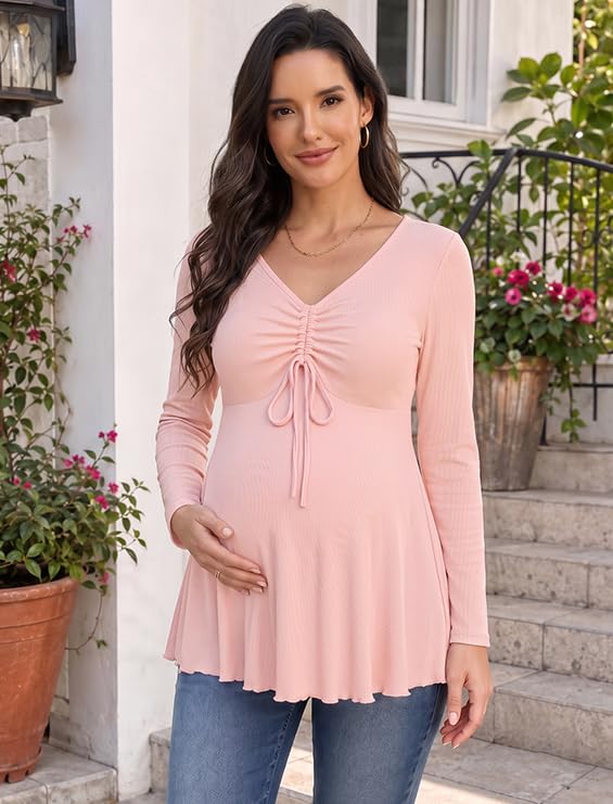 Genhoo Womens Long Sleeve Maternity Tops Ribbed V Neck Maternity Shirts - color: Dusty Pink, size: Medium