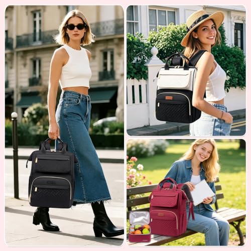Lunch Backpack For Women, 15.6 Inch Laptop Backpack with Lunchbox - color: Black/Beige