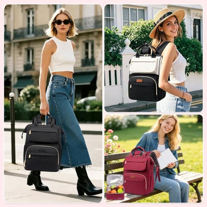 Lunch Backpack For Women, 15.6 Inch Laptop Backpack with Lunchbox - color: Winered