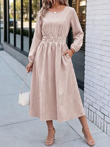 ANRABESS Women's Long Sleeve Striped Fall Midi Dress with Pockets - color: Light Brown White Stripe, size: Medium