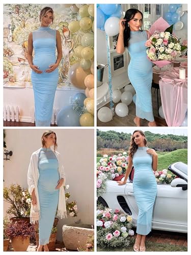 Ecavus Women's Side Ruched Bodycon Maternity Dress for Baby Shower - color: Blue, size: Medium