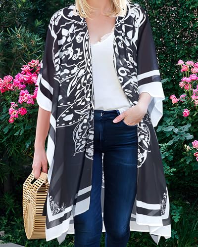 Women's Kimono Swimsuit Coverups Summer Beach Loose Cardigans for Swimwear - color: Black Boho, size: Small