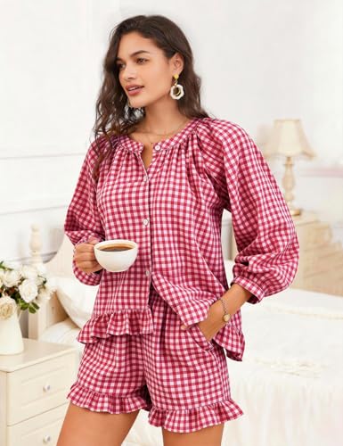 Flygo Womens Gingham 2 Piece Pajama Sets Y2K Cotton Ruffle Short Sets - color: Wine, size: X-Small
