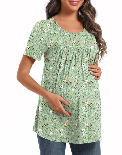 Maternity Tops for Women Summer Pleated Shirt - color: Green Flower, size: Large