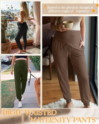 3 Pack Womens Maternity Pants Loose Pregnancy Joggers - color: Army Green, Light Coffee, Black, size: Large