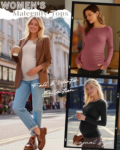 3 Pack Maternity Sweaters Long Sleeve Pregnancy Tops - color: Light Brown, Brick Red, Black, size: Small