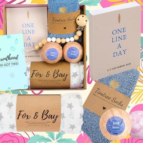Luxury Gift Set for New & Expecting Moms | 4-Year One Line a Day Journal, 2 Bath Bombs, Cozy Socks, Greeting Card | Complete Bundle |
