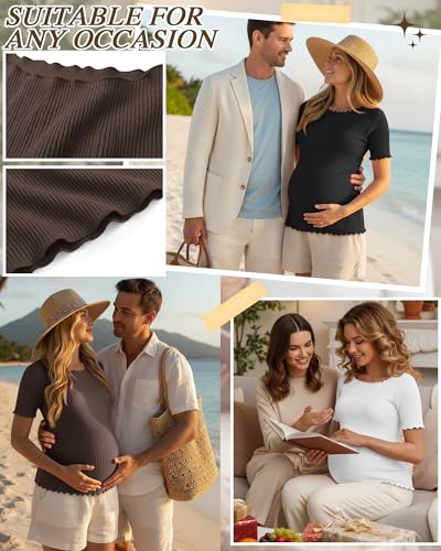 3 Pack Women's Maternity Ribbed Shirts - color: Black, White, Coffee, size: XX-Large