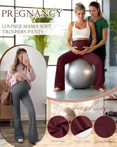 3 Pack Maternity Over The Belly Flared Leggings Pants - color: Burgundy, Dark Gray, Black, size: Medium