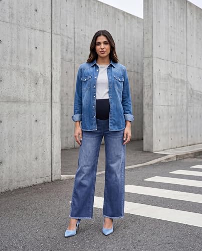 Maternity Jeans Wide Leg Baggy Denim Pants - color: Deep Dark Blue, size: Large