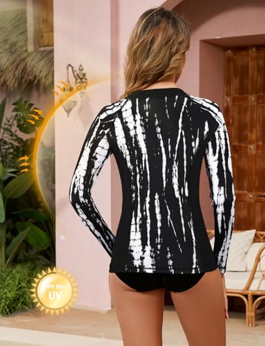 LURANEE Women's Zip Up Rash Guards for Women UPF50+ Long Sleeve Swimsuit - color: Black Tie Dye, size: Medium