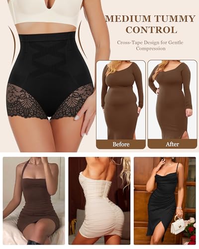 Women's High Waisted Underwear, Ladies Panties with Lace, Comfortable Briefs, 4 Pack - color: Black, size: Medium