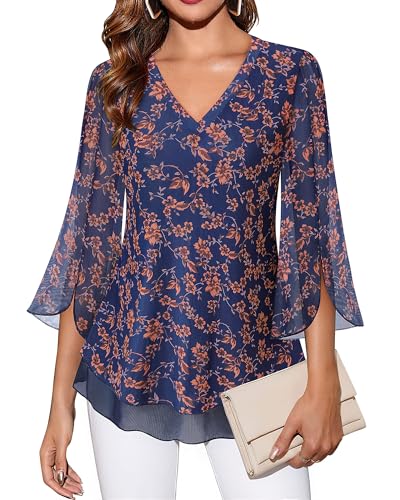 Timeson Women's 3/4 Sleeve Floral Blouses Shirts - color: Blue Brown, size: Medium