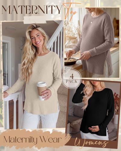 Xaatren 4 Pack Womens Maternity Long Sleeve Shirts Waffle Tops - color: Camel, Beige, Light Gray, Black, size: XX-Large
