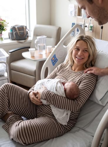 BLENCOT Maternity 2 Piece Outfits Striped Long Sleeve Pregnancy Set - color: Brown, size: Medium