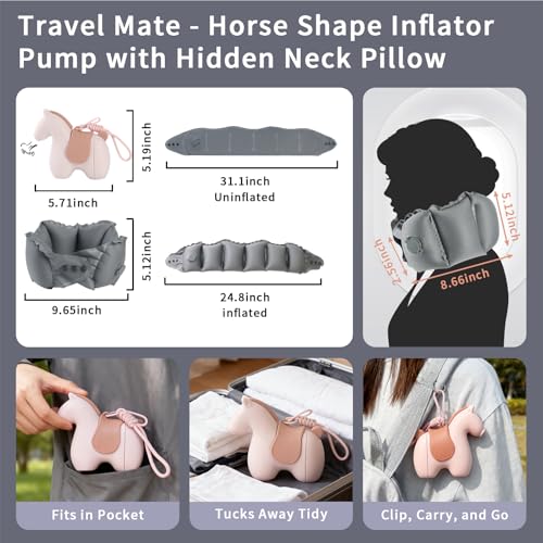 Inflatable Travel Neck Pillow Built-in Pump & Cute Storage Bag - color: Pink