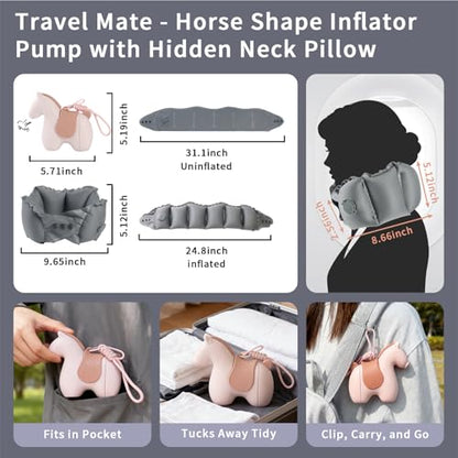 Inflatable Travel Neck Pillow Built-in Pump & Cute Storage Bag - color: Pink