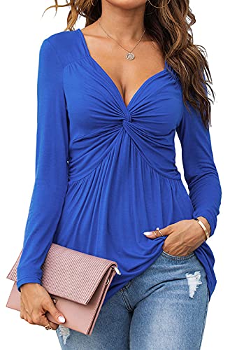 Tankaneo Women V-Neck Front Knotted Tshirt Long Sleeve Oversized Tunic Top - color: B21-blue, size: Medium