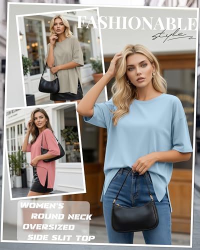 Huukeay 3 Pack Women's Oversized T Shirts Workout Tops - color: Bean Paste Pink, Khaki, Light Blue, size: Small