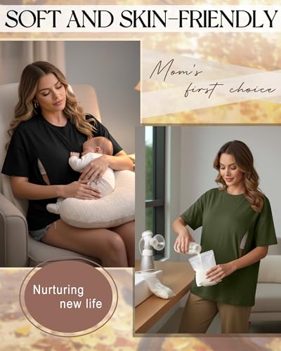 3 Pack Women's Oversize Nursing Tops - color: Army Green, Gray, Black, size: XX-Large