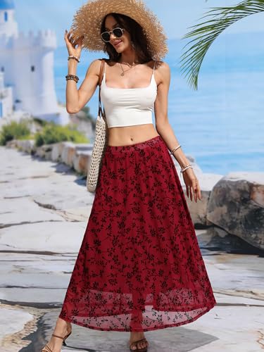 ELLEVEN Women’s Boho Floral Mesh Maxi Skirt - color: Burgundy, size: Medium