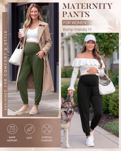 Neer 3 Pack Maternity Joggers Lounge Sweatpants with Pockets - color: Black, Army Green, Light Coffee, size: Large