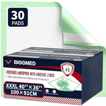 BIGGMED Extra Large Bed Pads with Adhesive Strips 40'' X 36'', 30 Count - size: 40"x36"- 30 Count (with Adhesive Stripes)
