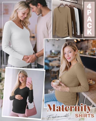 4 Pack Women's Maternity Shirts - color: Khaki, Coffee, White, Black, size: X-Large