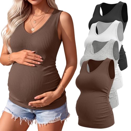 4 Pack Women's Maternity Pregnancy Tanks - color: Brown, Light Gray, White, Black, size: Small