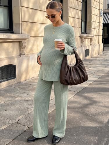 BLENCOT Maternity 2 Piece Outfits Ribbed Knit Long Sleeve Sets - color: Green, size: Medium